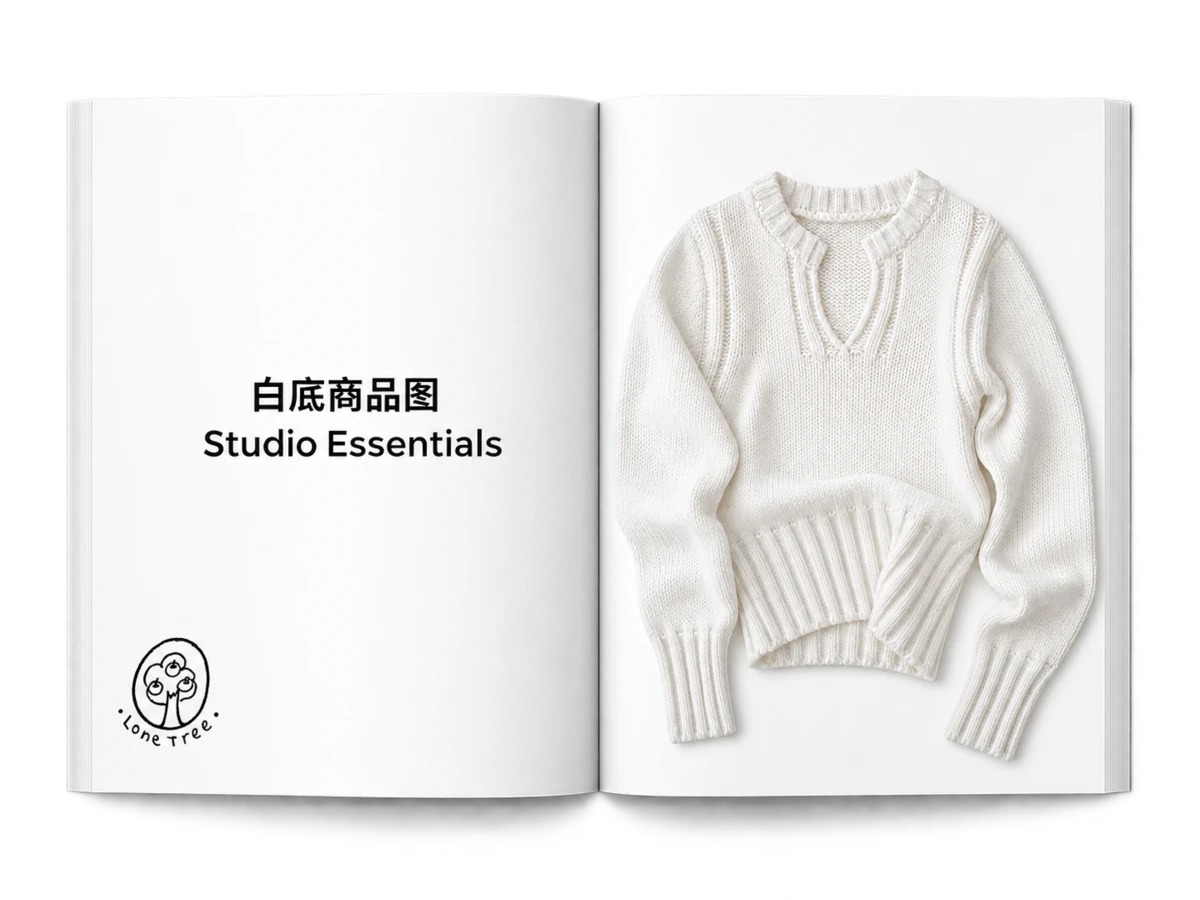 Studio Essentials white sweater product book