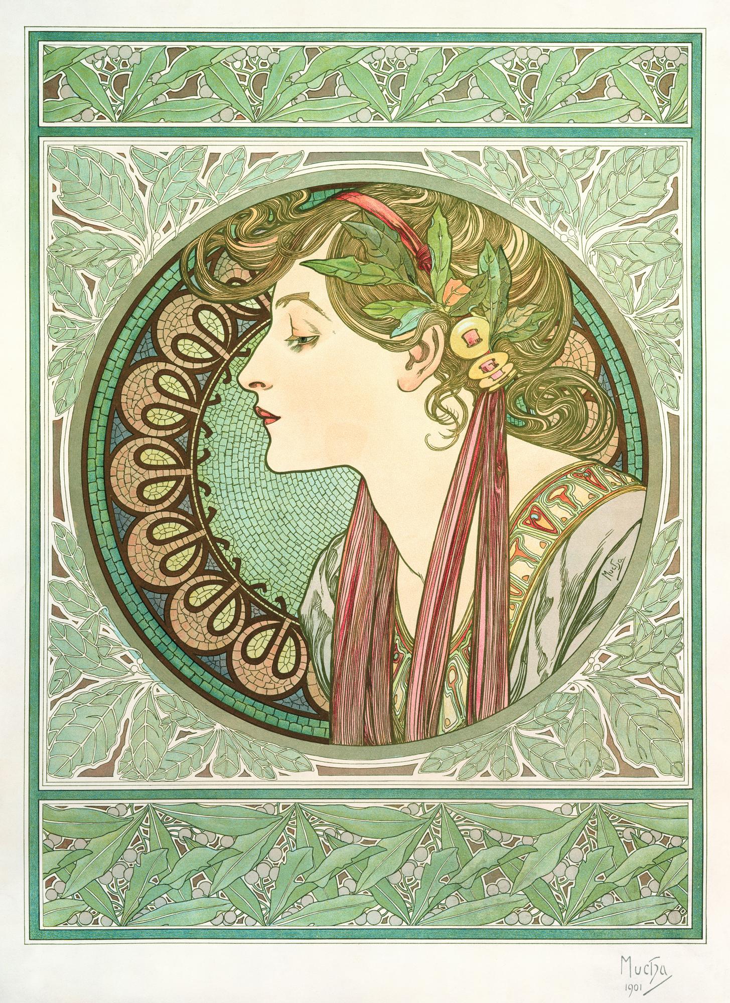 穆夏《Laurel》,1901年,人物与植物曲线构成的装饰画