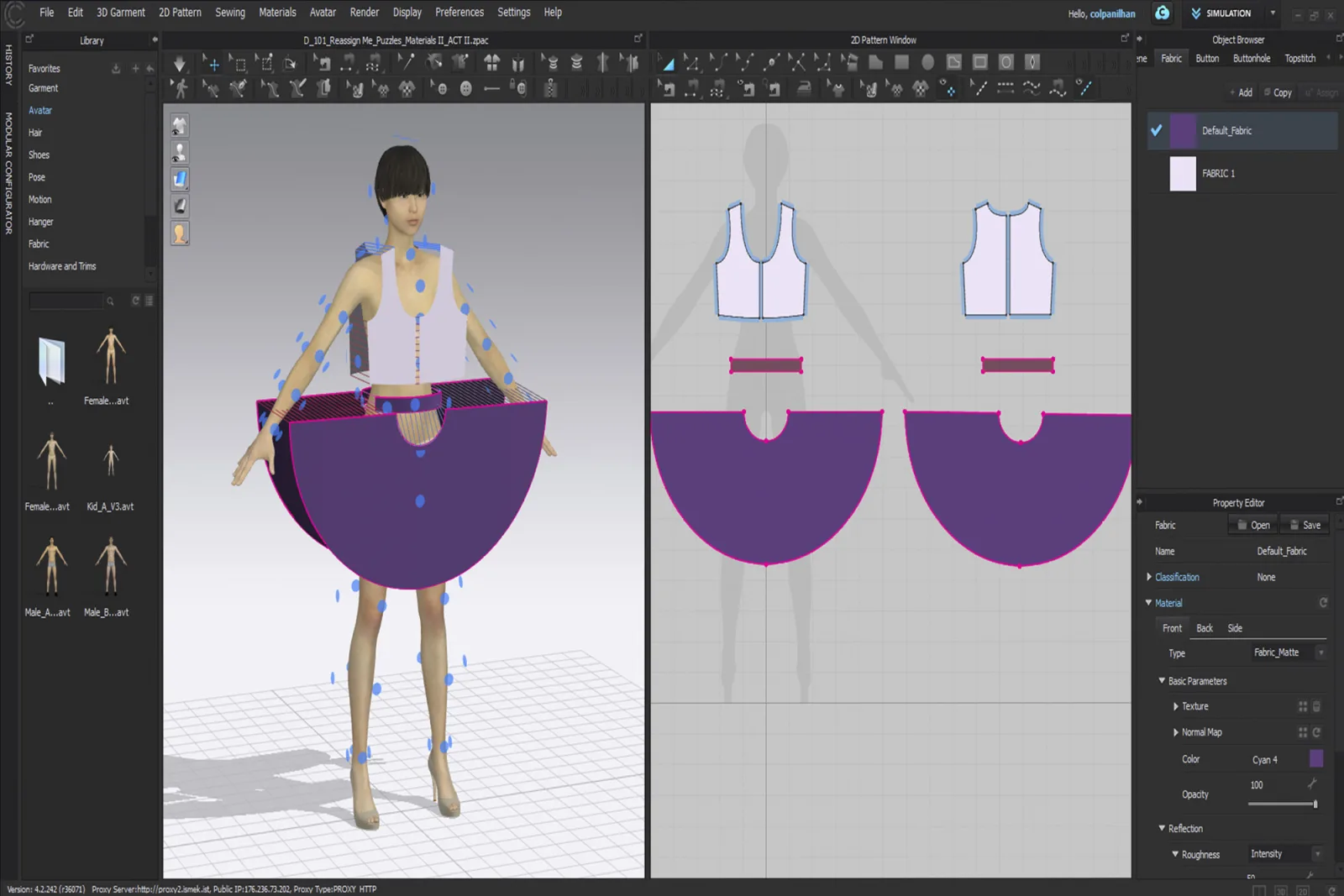 CLO3D garment and 2D pattern workspace