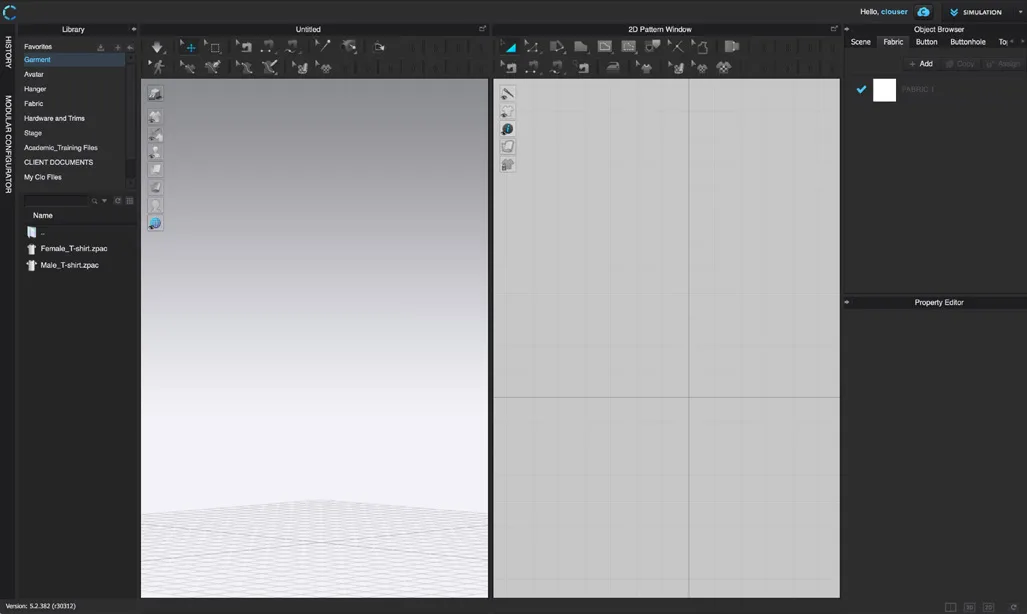 CLO3D 工作区截图：Library、3D Garment Window、2D Pattern Window、Object Browser 与 Property Editor