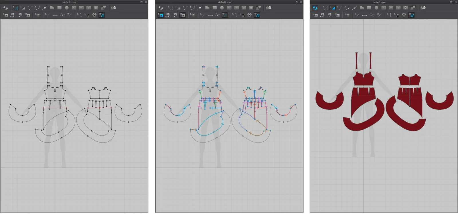 CLO3D 2D 版片与彩色缝线示意 / patterns and sewing lines